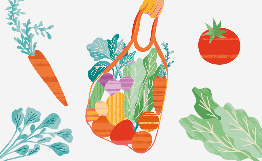Ilustração mostra uma sacola com vegetais e folhas.