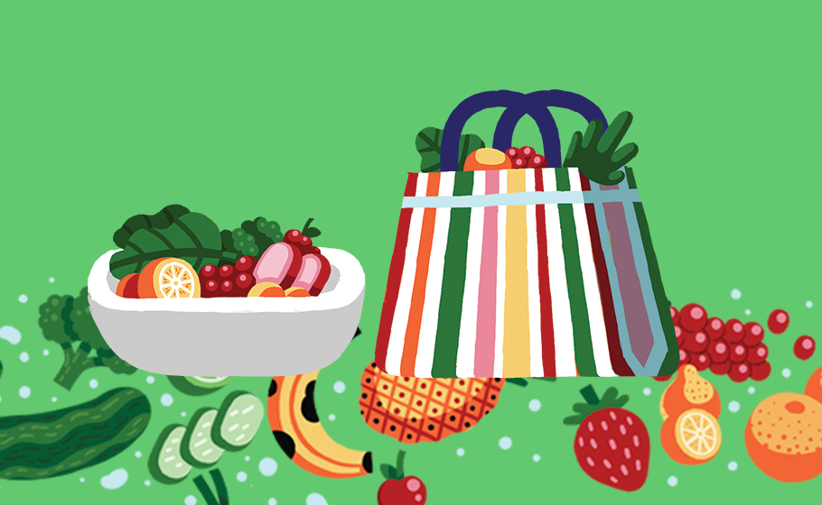 Ilustração mostra uma bolsa de feira colorida ao lado de um prato branco cheio de vegetais, frutas e legumes. O fundo é verde.