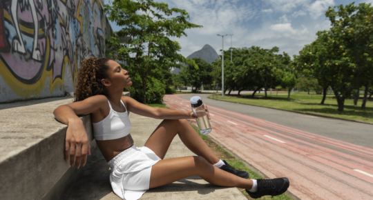 Mulher com roupas esportivas brancas sentada no chão, encostada em um muro com grafite, descansando após o exercício. Ela segura uma garrafa de água e está ao lado de uma pista de corrida ao ar livre, cercada por árvores, com uma montanha ao fundo sob céu parcialmente nublado.