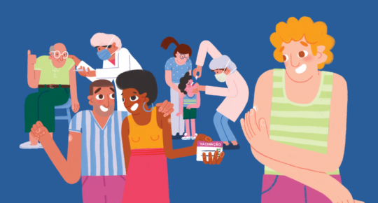 Ilustração mostra pessoas sendo vacinadas