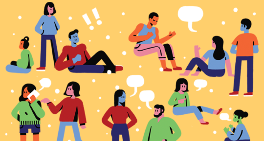 Ilustraçãpo mostra adultos ineragindo em atividades diversas, com balões de fala, diante de fundo amarelo.