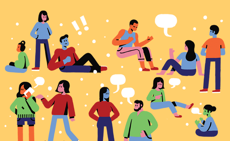 Ilustraçãpo mostra adultos ineragindo em atividades diversas, com balões de fala, diante de fundo amarelo.