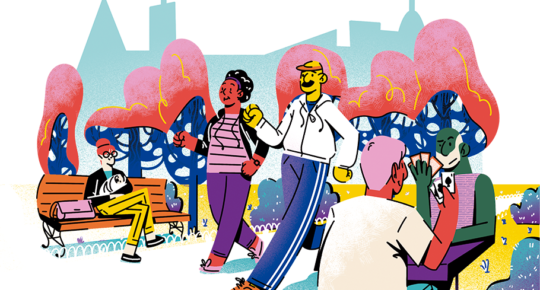 Ilustração mostra idosos realizando diversas atividades, como caminhar em um parque e se exercitar