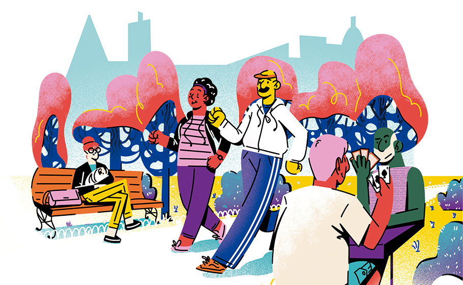 Ilustração mostra idosos realizando diversas atividades, como caminhar em um parque e se exercitar