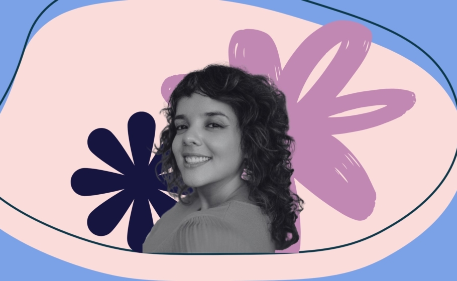Arte com a foto de Daniela Arrais e ícones da identidade de marca da Sorria