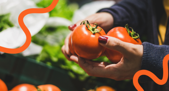 Foto com arte mostra mãos de mulher com dois tomates bem vermelhos